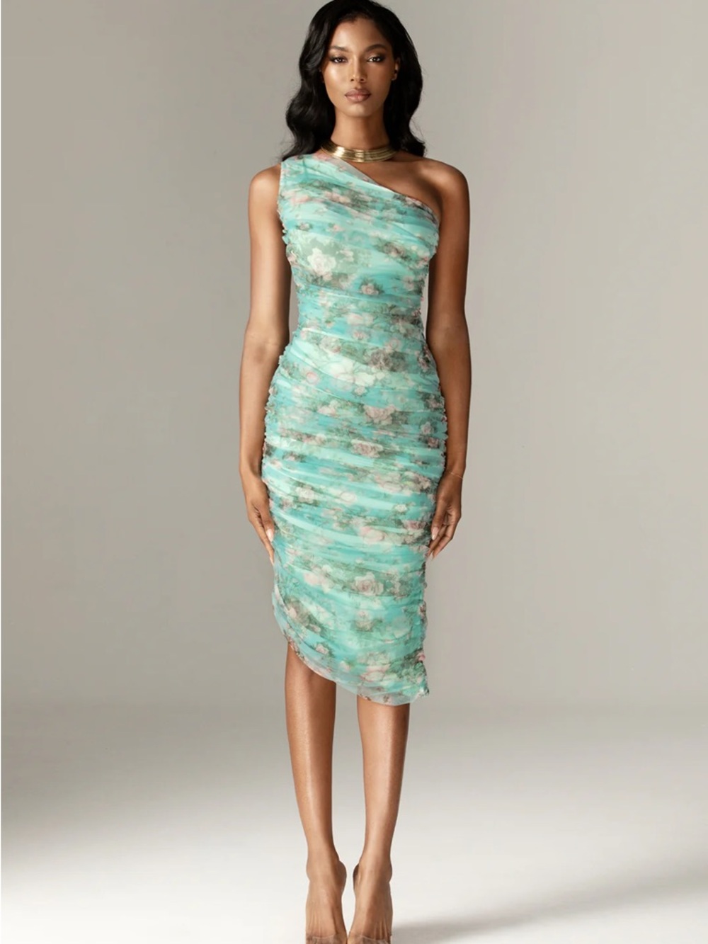Aliava Natasha Ruched‎ Organza Mesh Midi Dress Floral Print